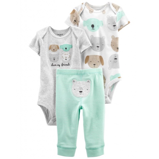 SET 3PC DE ALG CON 2 BODIES MC Y PANTALON ESTAMPADO PERROS BEBE