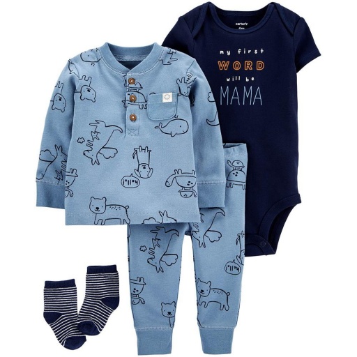 SET DE CUATRO PIEZAS PANTALON BODIE BUZO Y MEDIAS BEBE CARTERS 3M